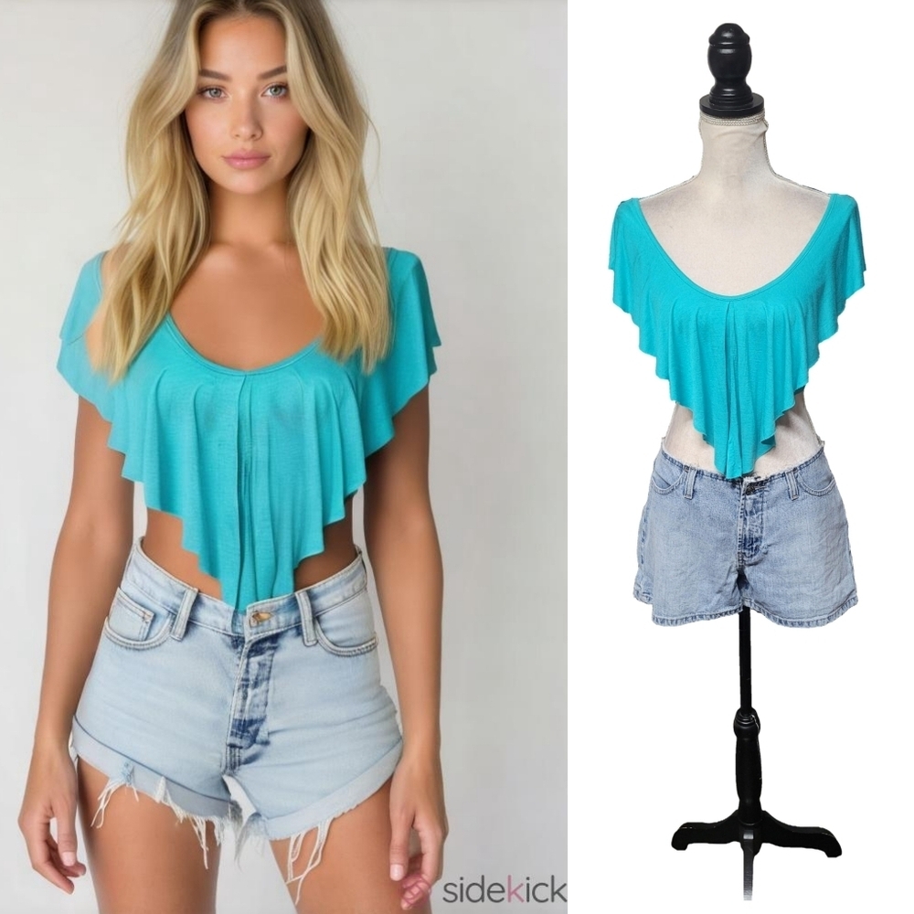 Charlotte Russe Deadstock Vintage 90s Solid Teal Stretchy Kimono Crop Top Small